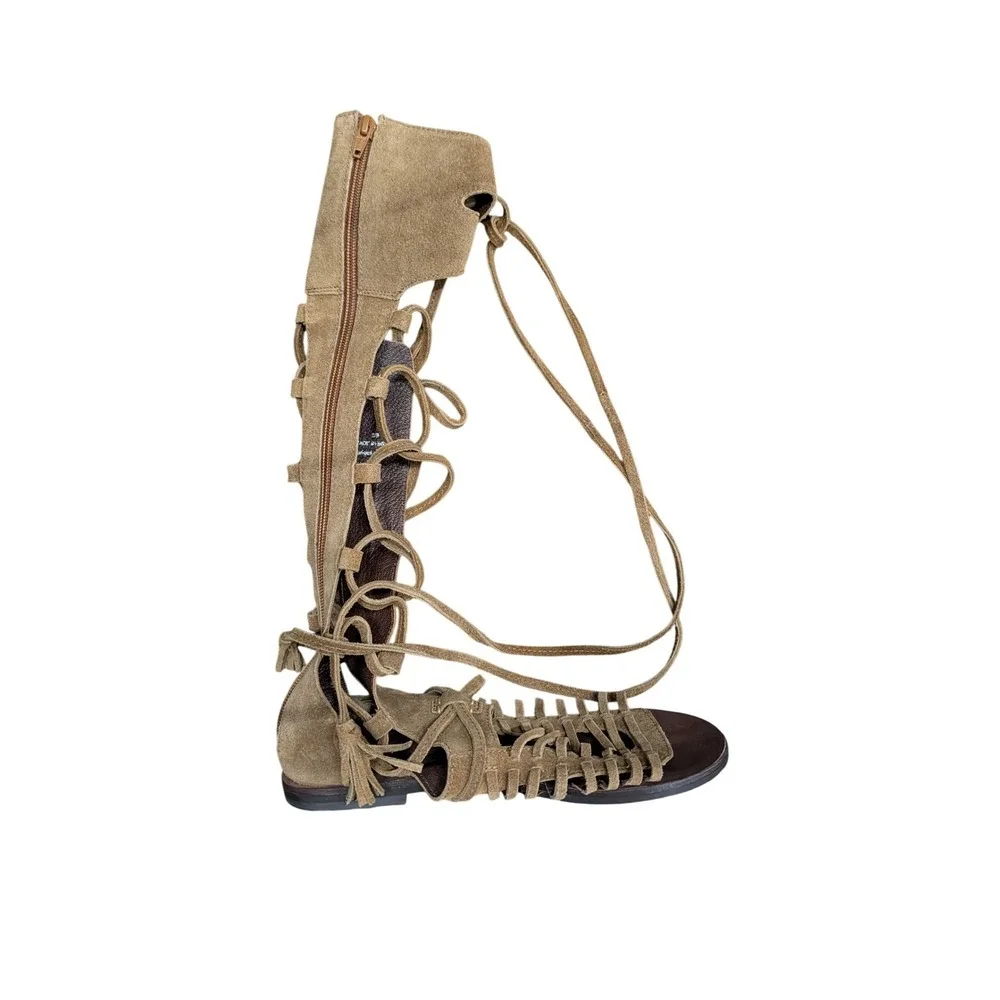 Free People Sun Seeker Tall Gladiator Sandals Tan Suede Lace Up Tassel Boho- 8.5